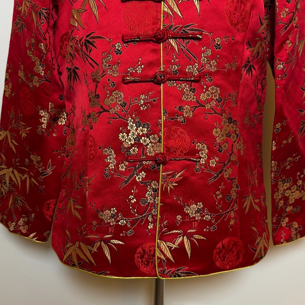 Asian Silk Red Gold Floral Women’s Jacket Blazer Size XXL Frog Button Closure - Picture 6 of 16